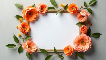 Floral frame with peach roses and green leaves designの写真素材