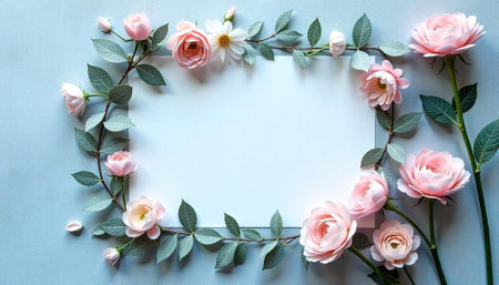 Elegant floral frame with pale pink roses and leaves