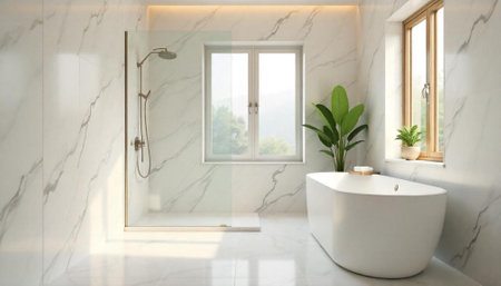 Bright minimalist bathroom interior with marble walls and bathtubの写真素材