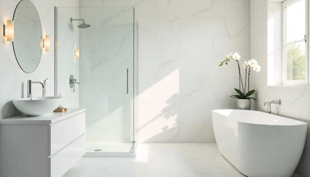 Bright and modern bathroom with marble tiles and natural light