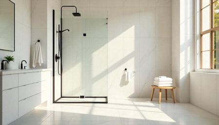 Modern bathroom with white tiles and dark shower fixture
