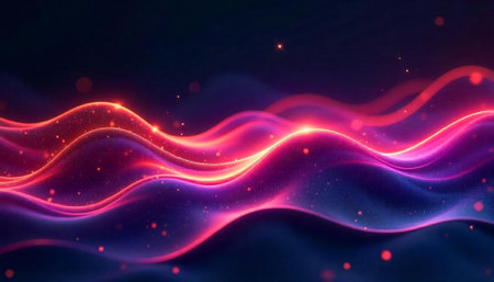 Abstract wavy lines with glowing particles on dark background
