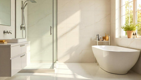 Bright and spacious bathroom interior with bathtub and shower areaの写真素材