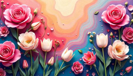Floral art background with roses and tulips in bloom