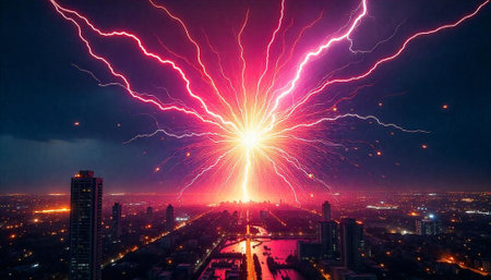 Lightning strikes city skyline with visual impact and energyの写真素材