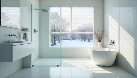 Minimalist bathroom design showcasing winter landscape through large windowの写真素材