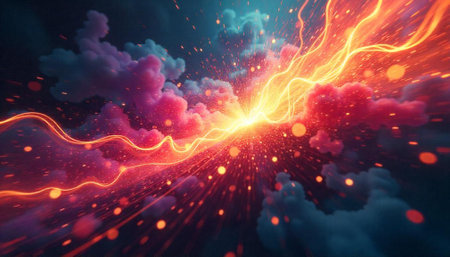 Abstract image of swirling light energy in space landscapeの写真素材