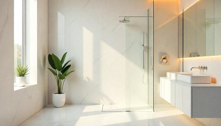 Modern bright bathroom interior with minimalist design elements
