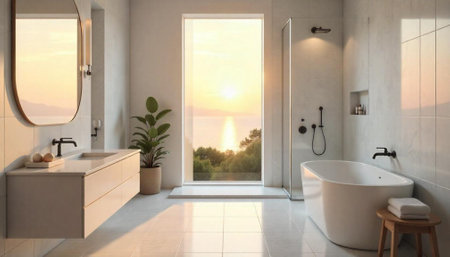 Serene modern bathroom interior with sunrise ocean view