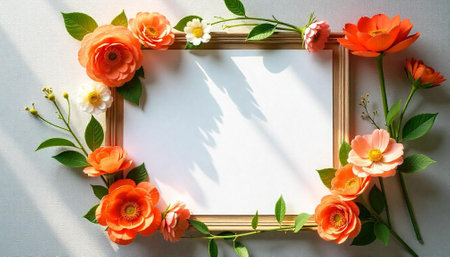 Floral frame with orange and white flowers decoration templateの写真素材