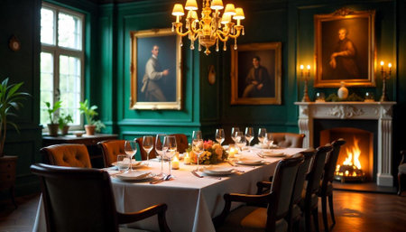 Elegant dining room with formal table setting and fireplaceの写真素材