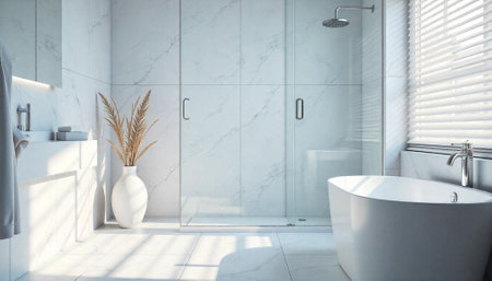 Modern minimalist bathroom with freestanding tub and glass shower