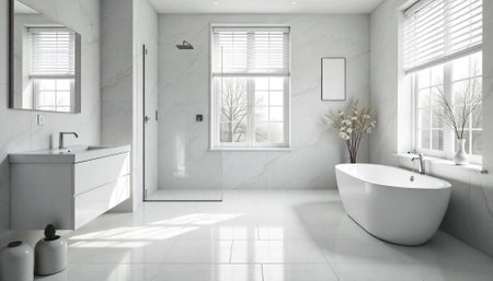 Bright and modern bathroom with marble tile accents