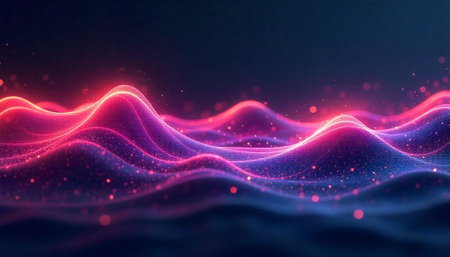 Abstract waves with glowing particles against dark background