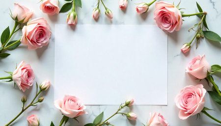 Pink roses frame blank white paper on marble backgroundの写真素材