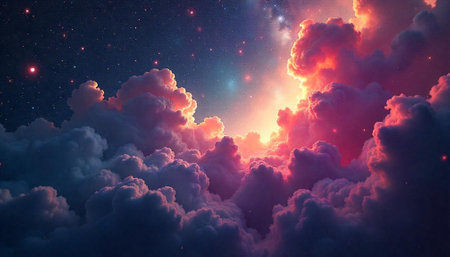 Dreamy cosmic sky with clouds and stars panorama illustration