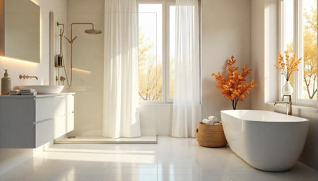 Bright modern bathroom with tub and golden accents