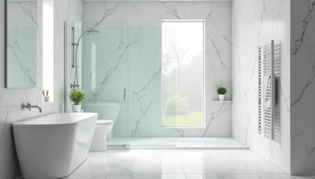 Modern bathroom design with marble tiles and natural light