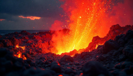 Fiery volcanic eruption spewing lava with rugged terrain background