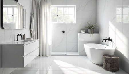 Bright modern bathroom interior with tub sink and shower