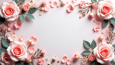 Elegant floral frame with roses and smaller pink flowersの写真素材