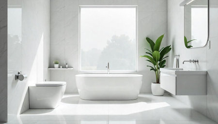 Bright minimalist bathroom with tub and natural light