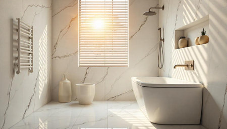 Luxury marble bathroom interior with sunlight through window blinds
