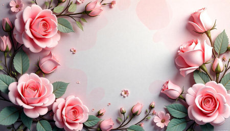 Romantic frame of light pink roses and soft background