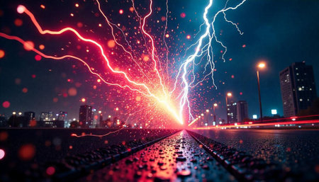 Vibrant energy city street scene with light streaks