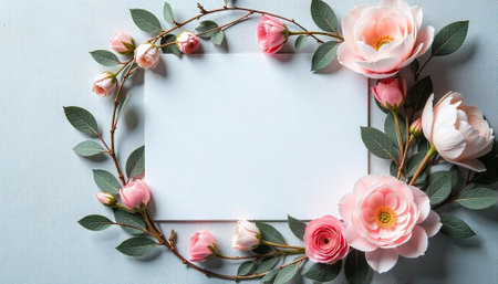 Floral wreath with pale pink roses and blank paperの写真素材