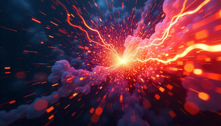 Exploding energy blast with fiery elements on dark backgroundの写真素材