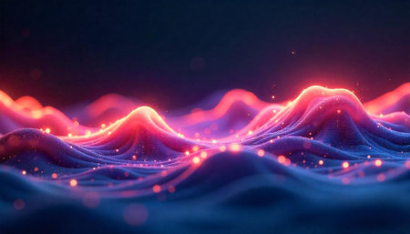 Abstract waves with glowing particles on a dark backgroundの写真素材