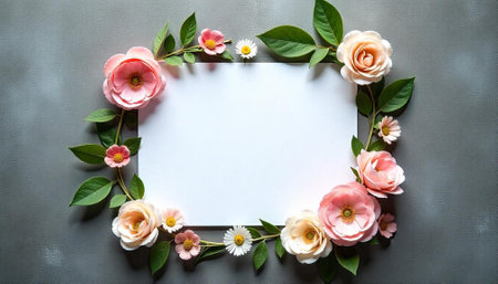 Floral Frame Around Empty White Card on Gray Background