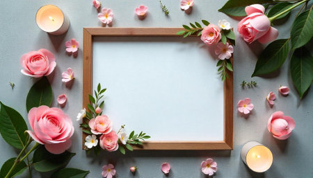 Elegant floral frame mockup with pink roses and candlesの写真素材