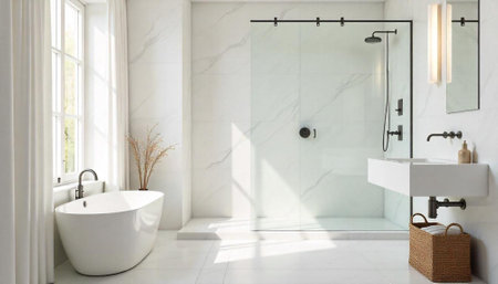 Modern bathroom with standalone tub and glass shower enclosure