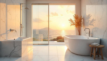 Luxury bathroom interior with ocean view at sunset timeの写真素材