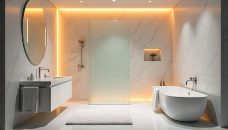 Modern bathroom interior with marble walls and warm lighting