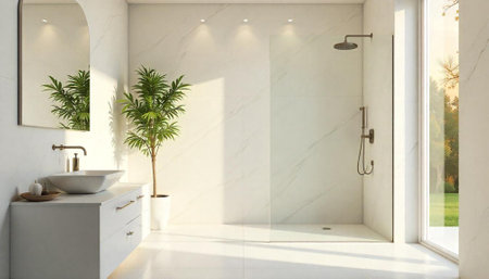 Modern bathroom interior with white marble walls and shower