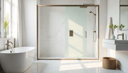 Elegant modern bathroom interior featuring freestanding tub and shower