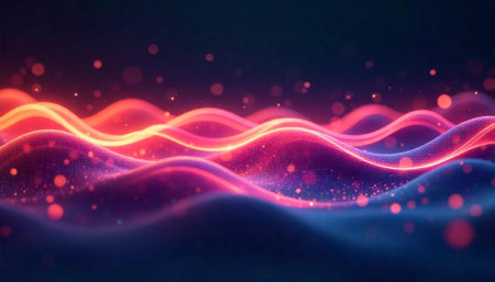 Abstract glowing waves with particle effects on dark background