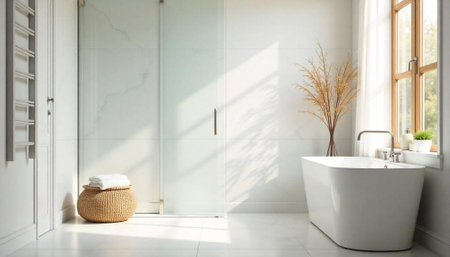 Bright and Modern Bathroom with Bathtub and Glass Shower
