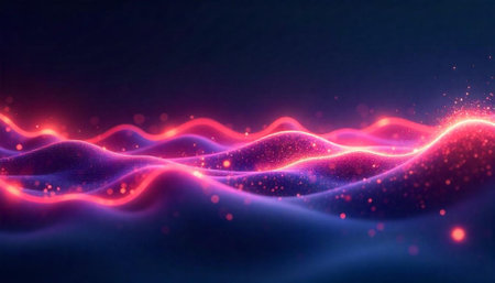 Abstract purple and red illuminated flowing wave pattern backdrop