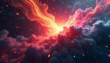 Abstract energy burst with clouds and particle effects