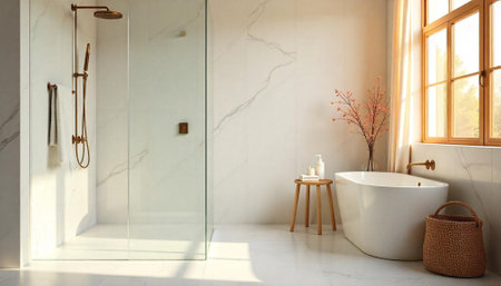 Elegant bathroom interior with marble tile, bathtub, and shower