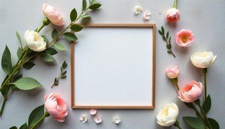 Floral frame mockup with pastel flowers and empty spaceの写真素材