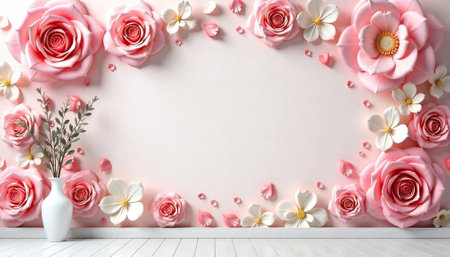 Pink Roses and White Flowers Framing a Pale Backdrop