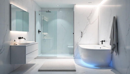 Modern minimalist bathroom interior with white marble and subtle lightingの写真素材