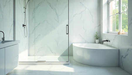 Modern bathroom with marble tile and natural light streaming in