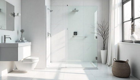 Modern bathroom interior with walk-in shower and natural light