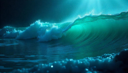 Dramatic ocean wave with turquoise hues in artistic styleの写真素材